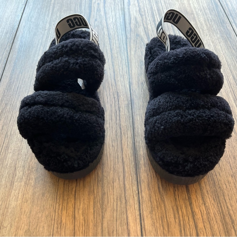 UGG Black Fluffy Slide Sandals